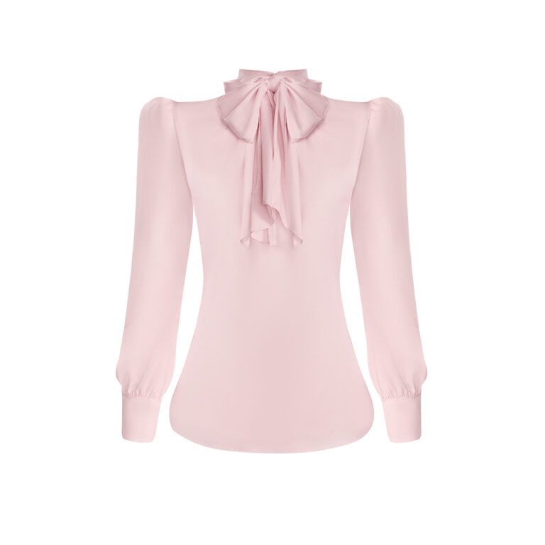 Camisa rosa bebê de mangas longas bufantes com laço no pescoço e punhos fechados