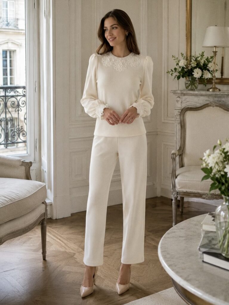 Blusa Pietra off-white de manga longa com gola e punhos em renda guipir