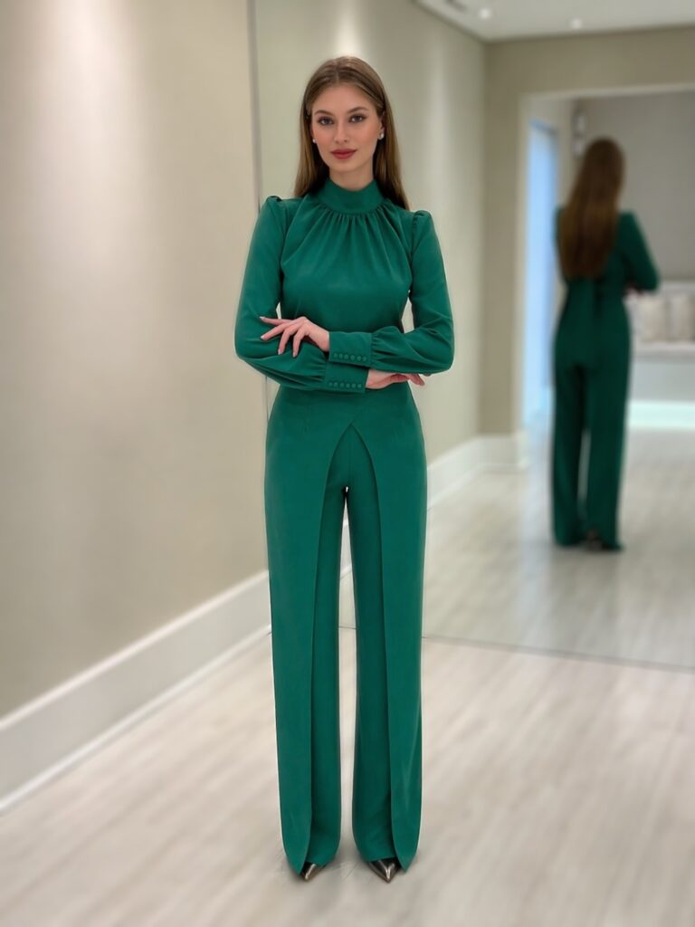 Modelo usando calça verde de corte reto com abertura frontal em conjunto com blusa verde de mangas longas