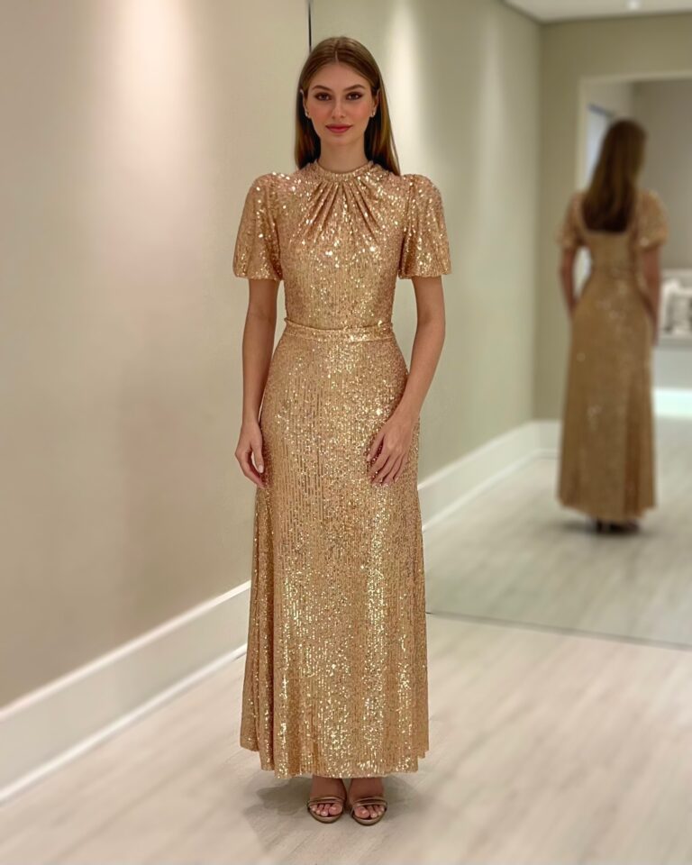 Vestido midi dourado em paetê com mangas bufantes, busto drapeado, cintura marcada e saia fluida