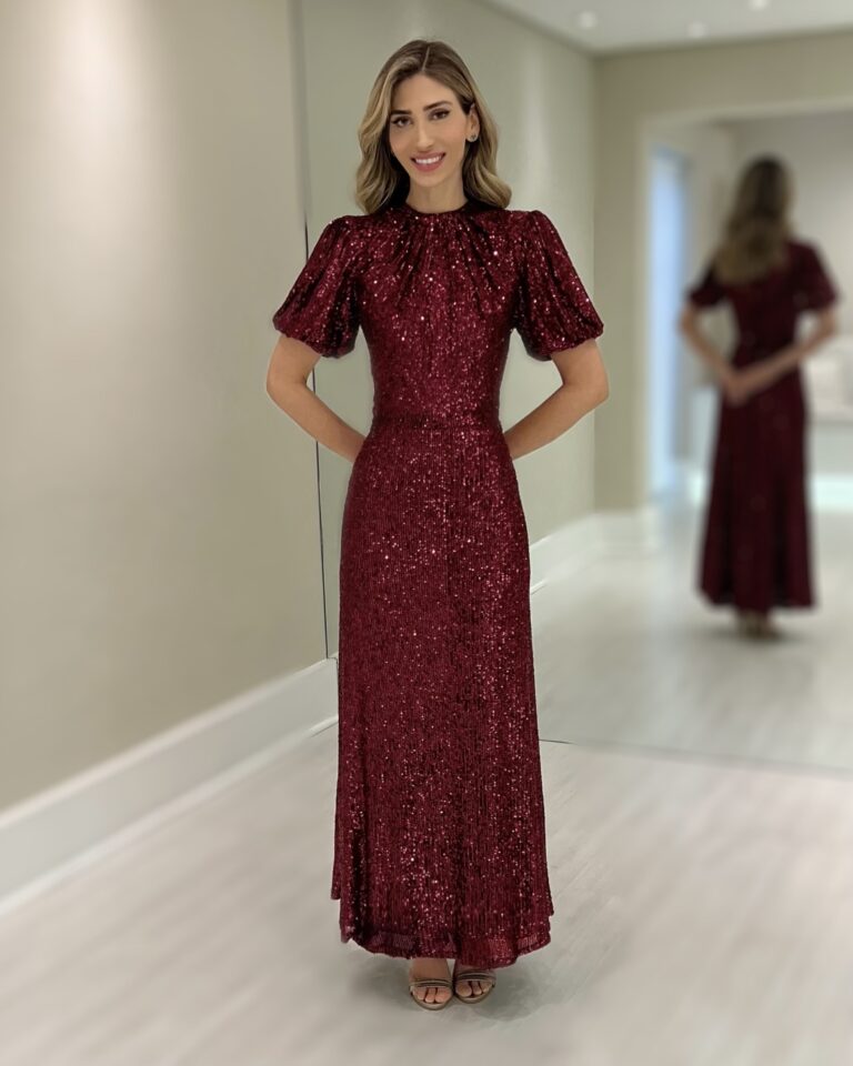 Vestido vinho em paetês com gola alta, mangas bufantes, cintura marcada e saia fluida