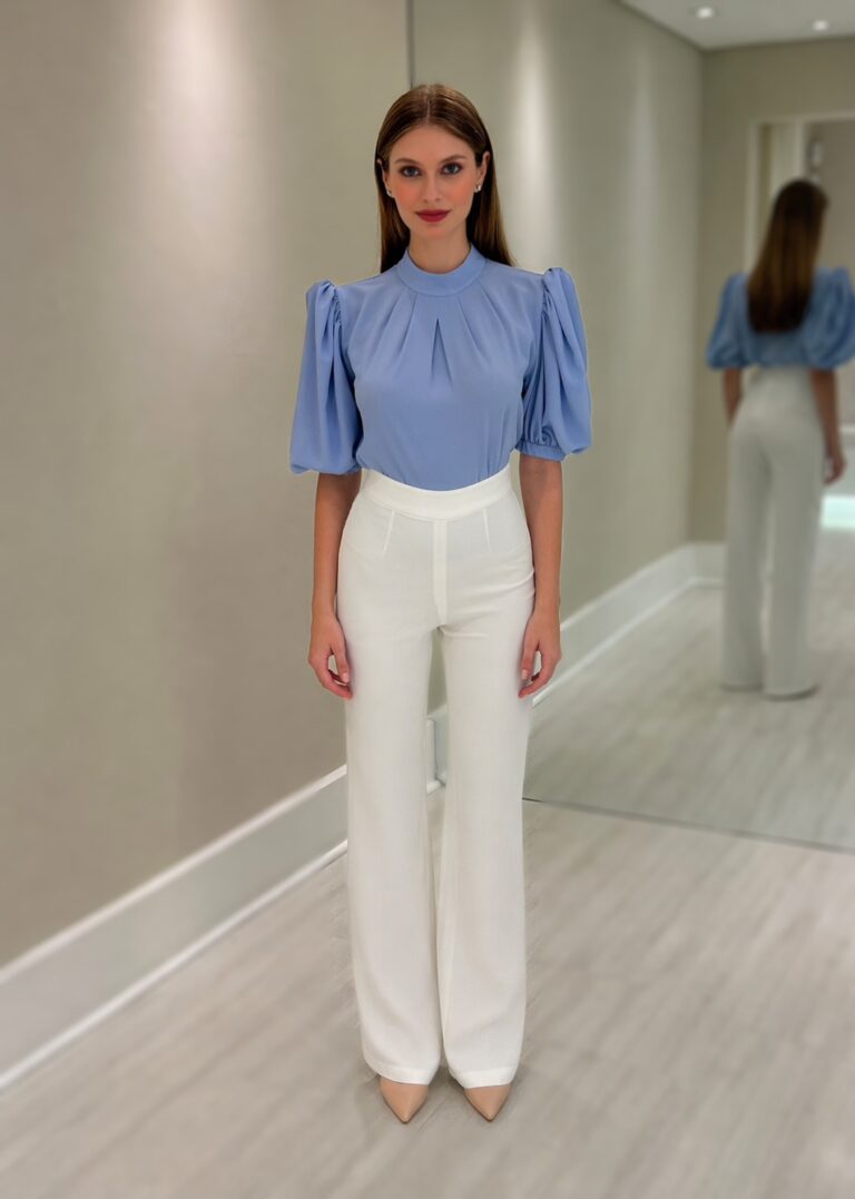 Blusa azul-claro de crepe com mangas curtas bufantes e pregas no pescoço, combinada com calça social branca