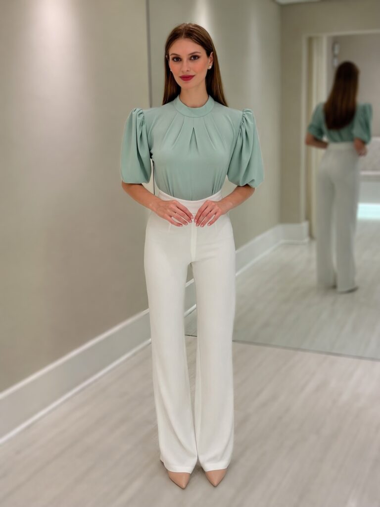 Blusa verde clara em crepe com mangas curtas bufantes e pregas, usada com calça pantalona branca