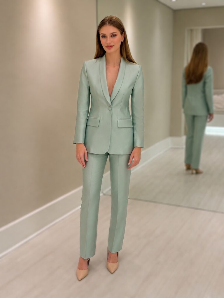 Blazer feminino verde menta estruturado com botão frontal e bolsos com aba