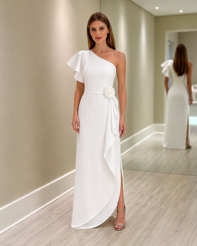 Vestido longo off white de um ombro só com babado, flor na cintura, saia transpassada e fenda frontal