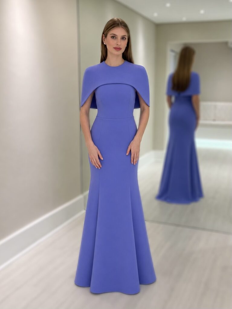 Vestido longo lilás tomara que caia em crepe com pelerine removível e modelagem sereia