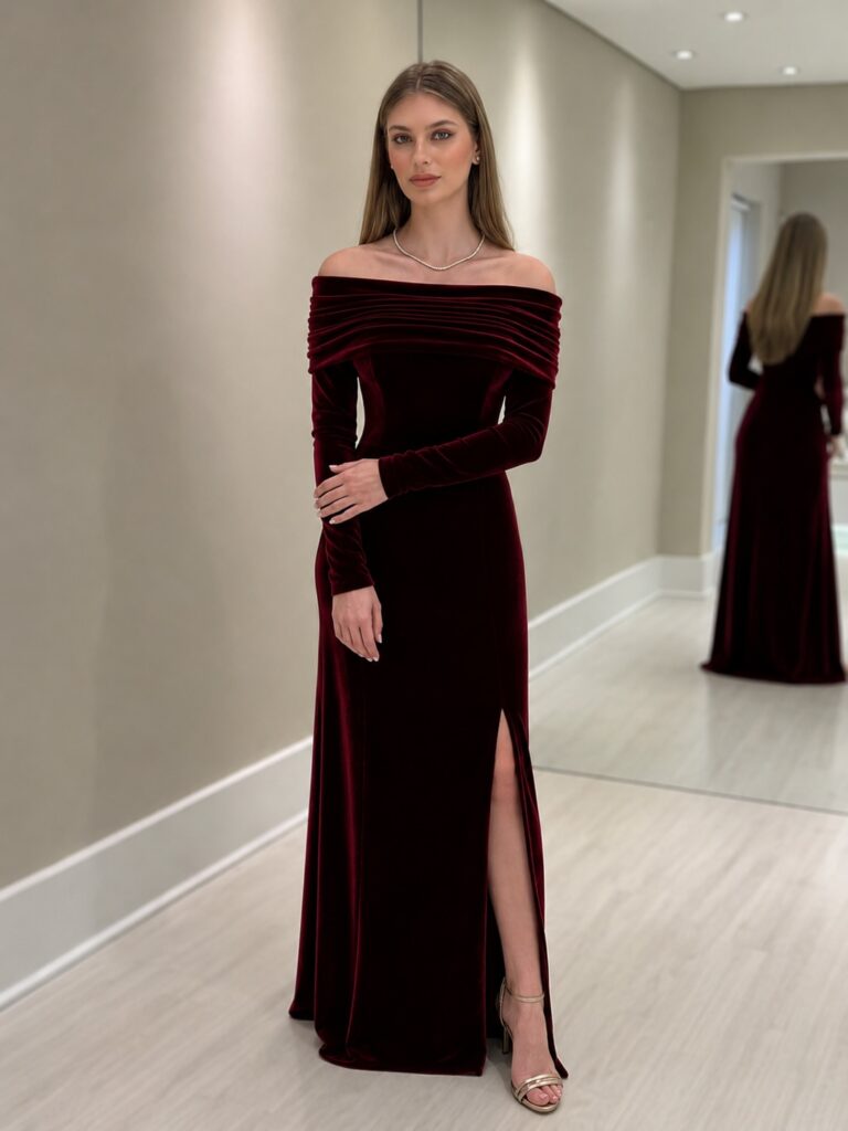 Vestido longo de veludo vinho ombro a ombro com fenda lateral