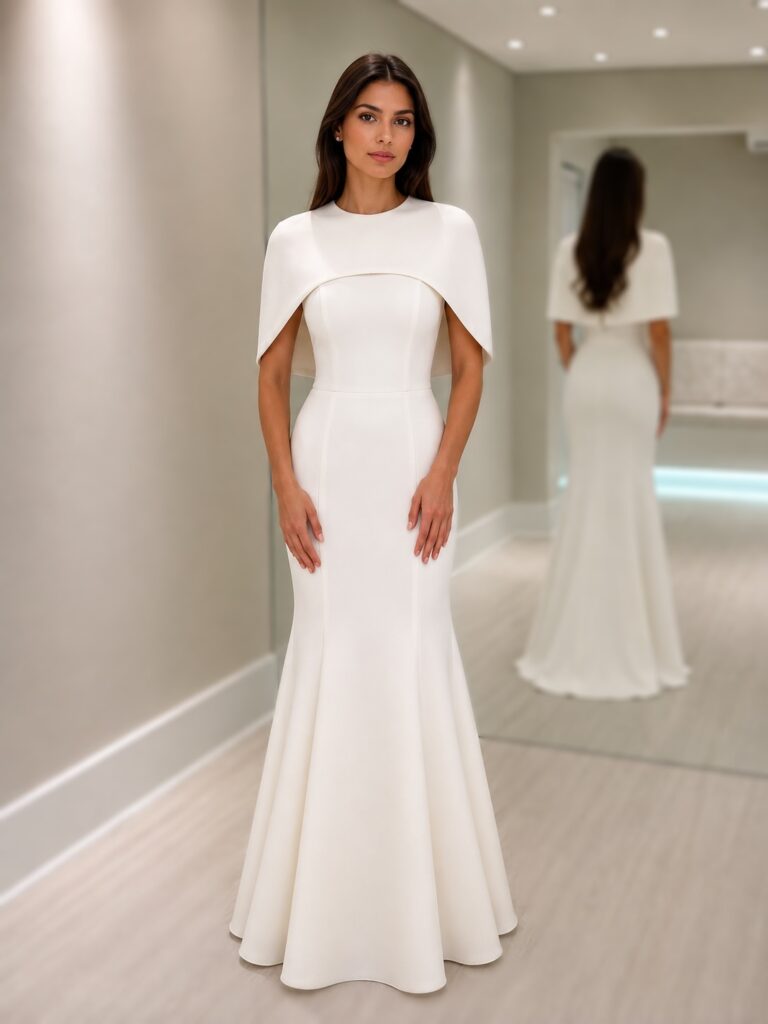 Vestido longo off white tomara que caia em crepe com pelerine removível
