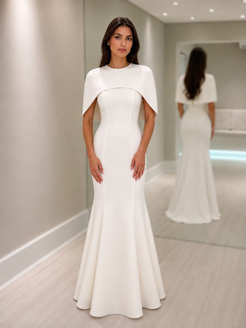Vestido longo off white tomara que caia em crepe com pelerine removível