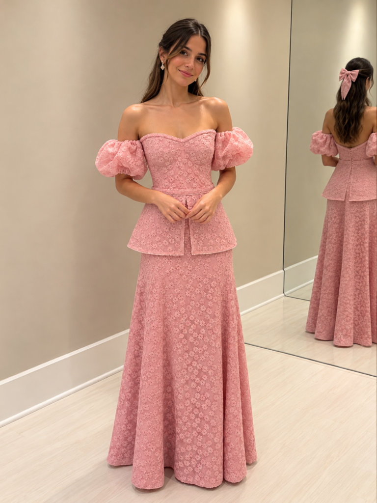 Vestido rosa longo em renda floral com decote ombro a ombro, mangas bufantes e saia basque