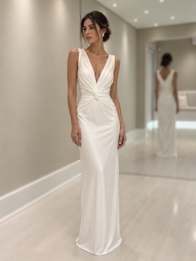 Modelo usando vestido longo off white com busto drapeado e saia fluida em ambiente interno