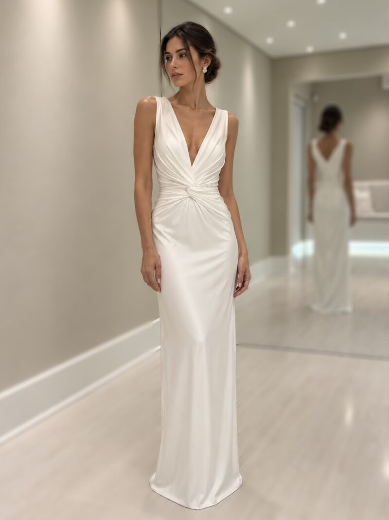Modelo usando vestido longo off white com busto drapeado e saia fluida em ambiente interno